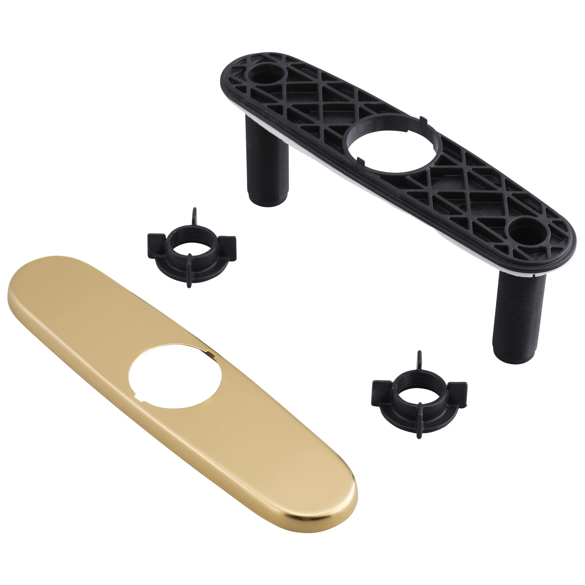 Champagne bronze escutcheon plate with mounting hardware and black plastic trim ring components.