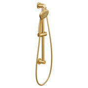 Brushed gold hand shower with circular spray face, slide bar, and flexible hose attached to wall-mounted bracket.