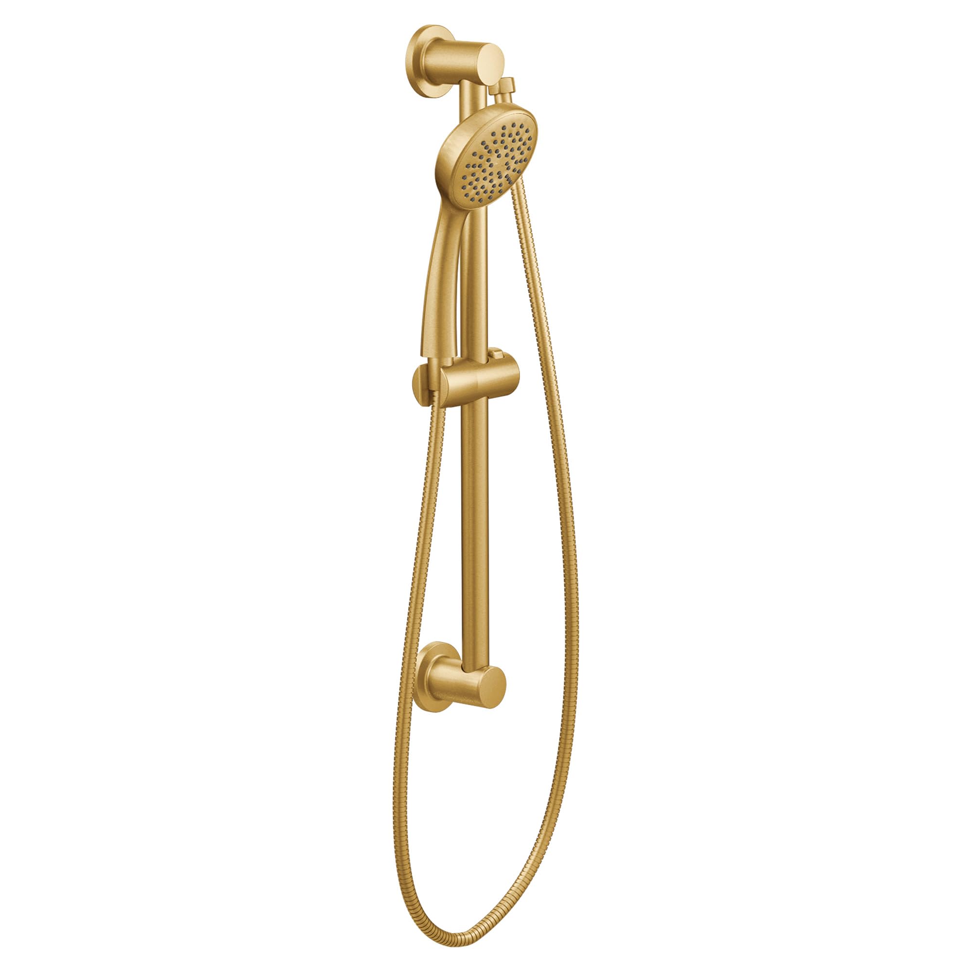 Brushed gold hand shower with circular spray face, slide bar, and flexible hose attached to wall-mounted bracket.
