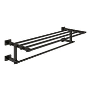 Matte black metal multi-towel rack with horizontal bars and square wall-mounted supports.
