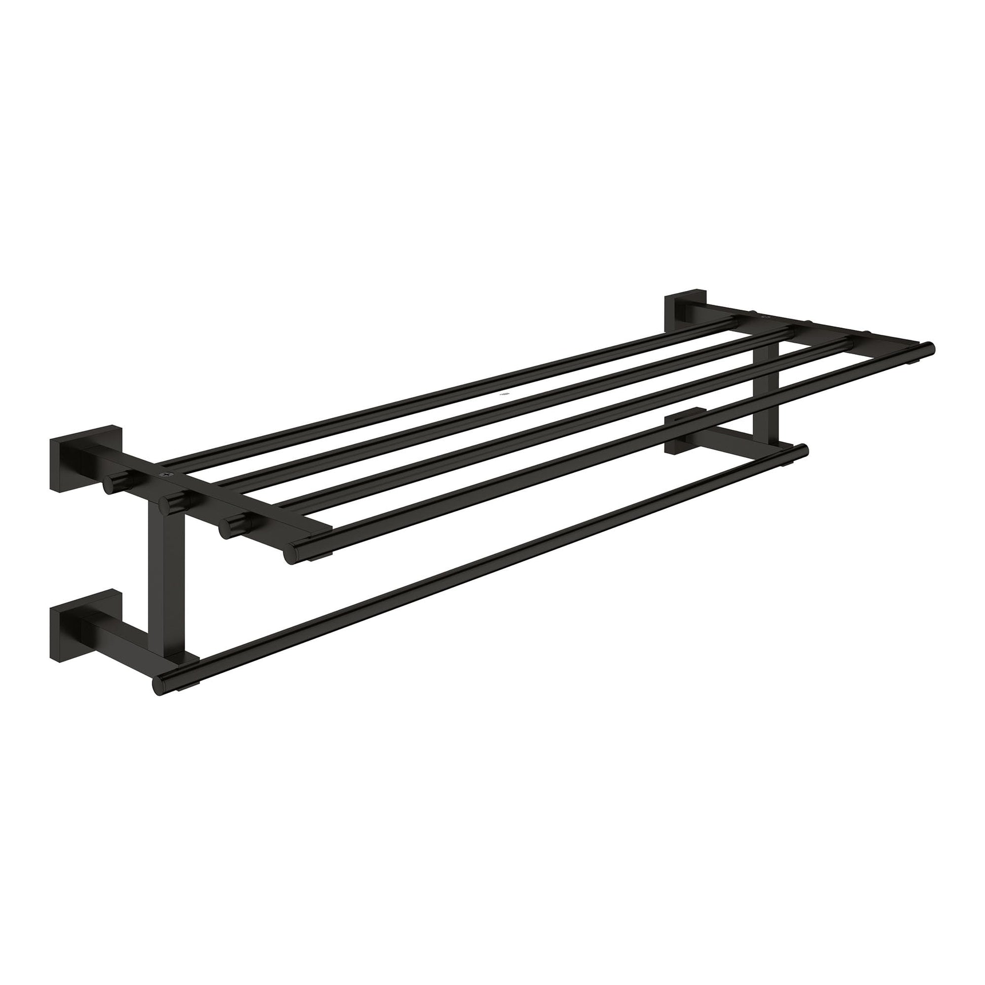 Matte black metal multi-towel rack with horizontal bars and square wall-mounted supports.