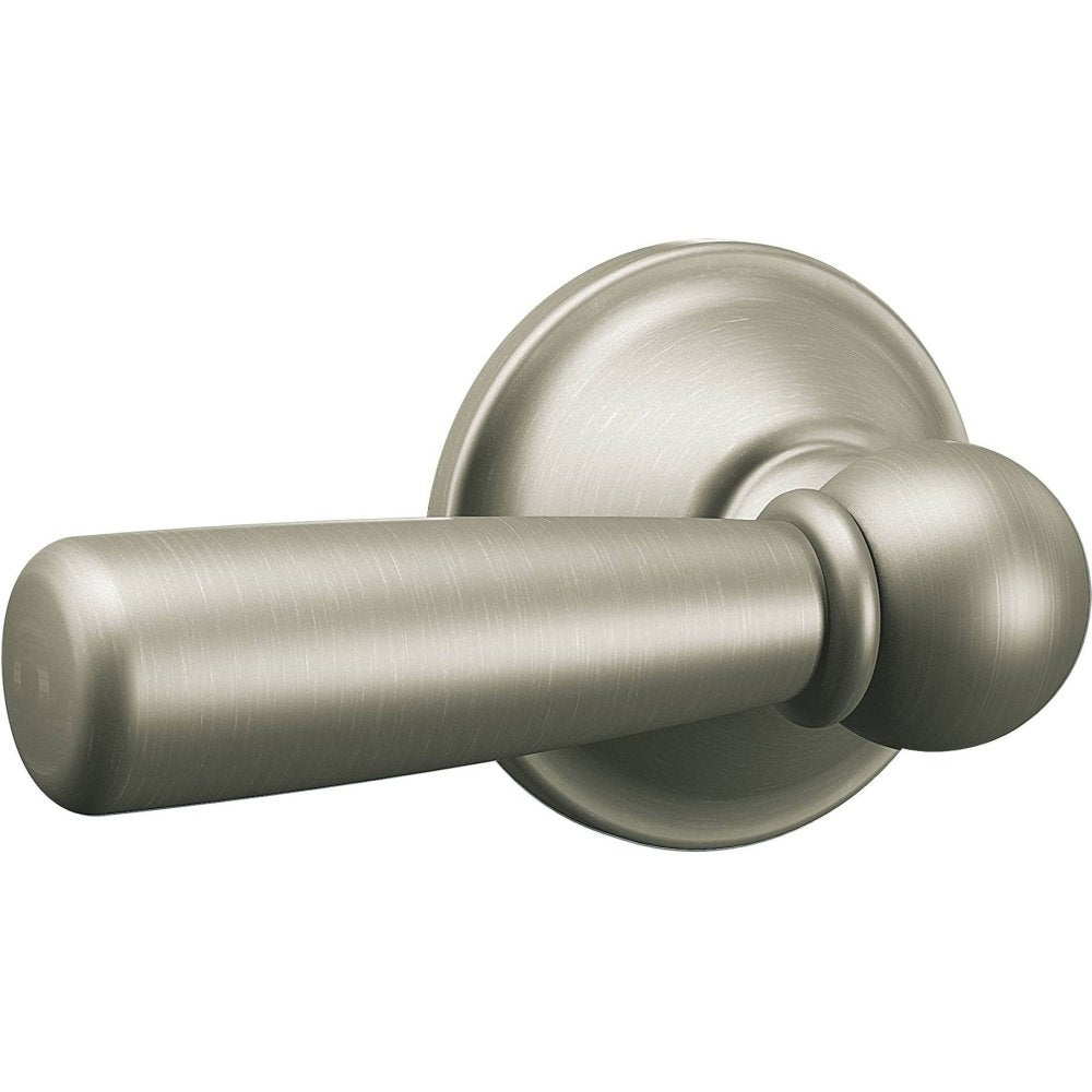 Brushed nickel toilet tank lever handle with cylindrical grip and circular mounting plate.