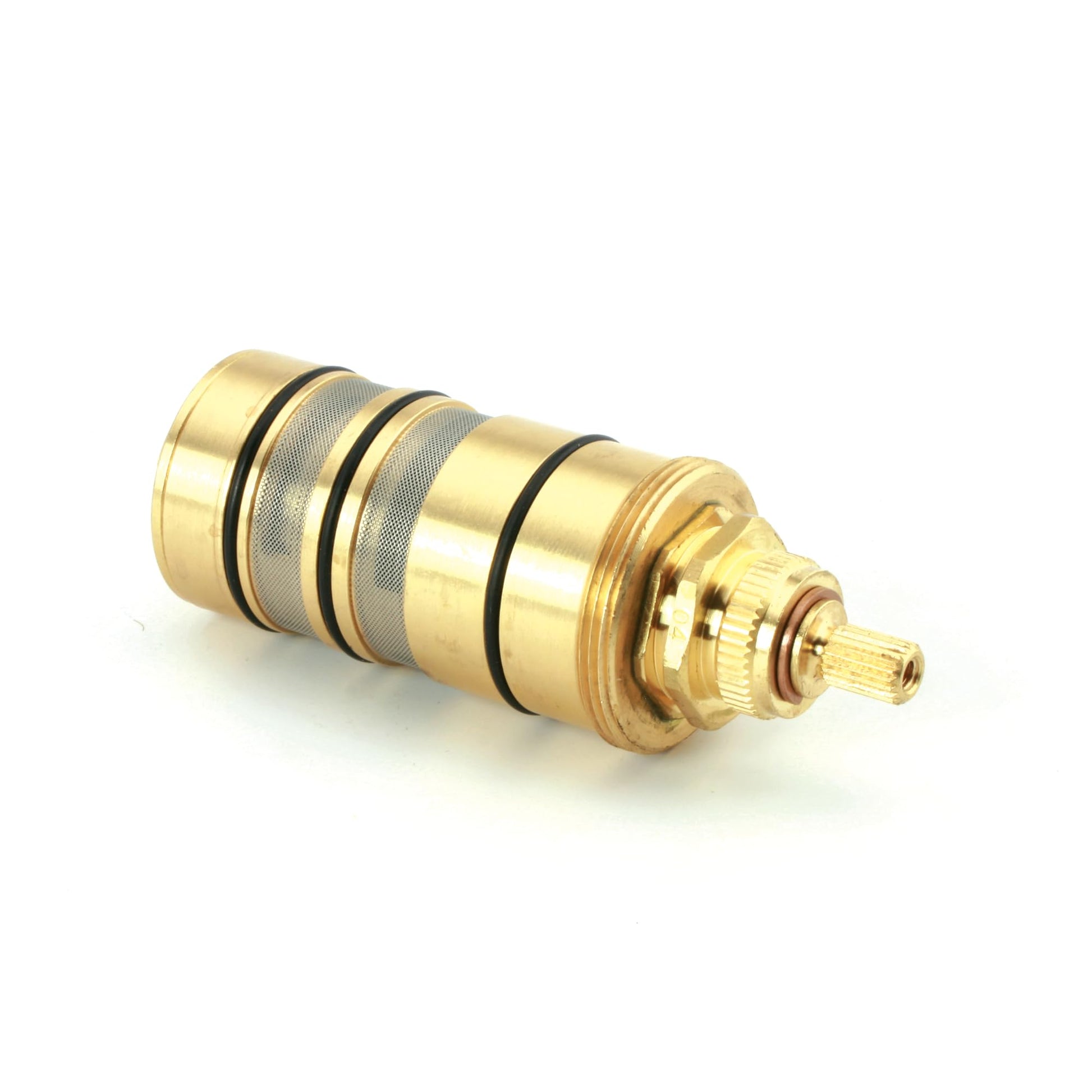Brass thermostatic cartridge with black rubber seals and textured metal bands, small valve stem on right end.