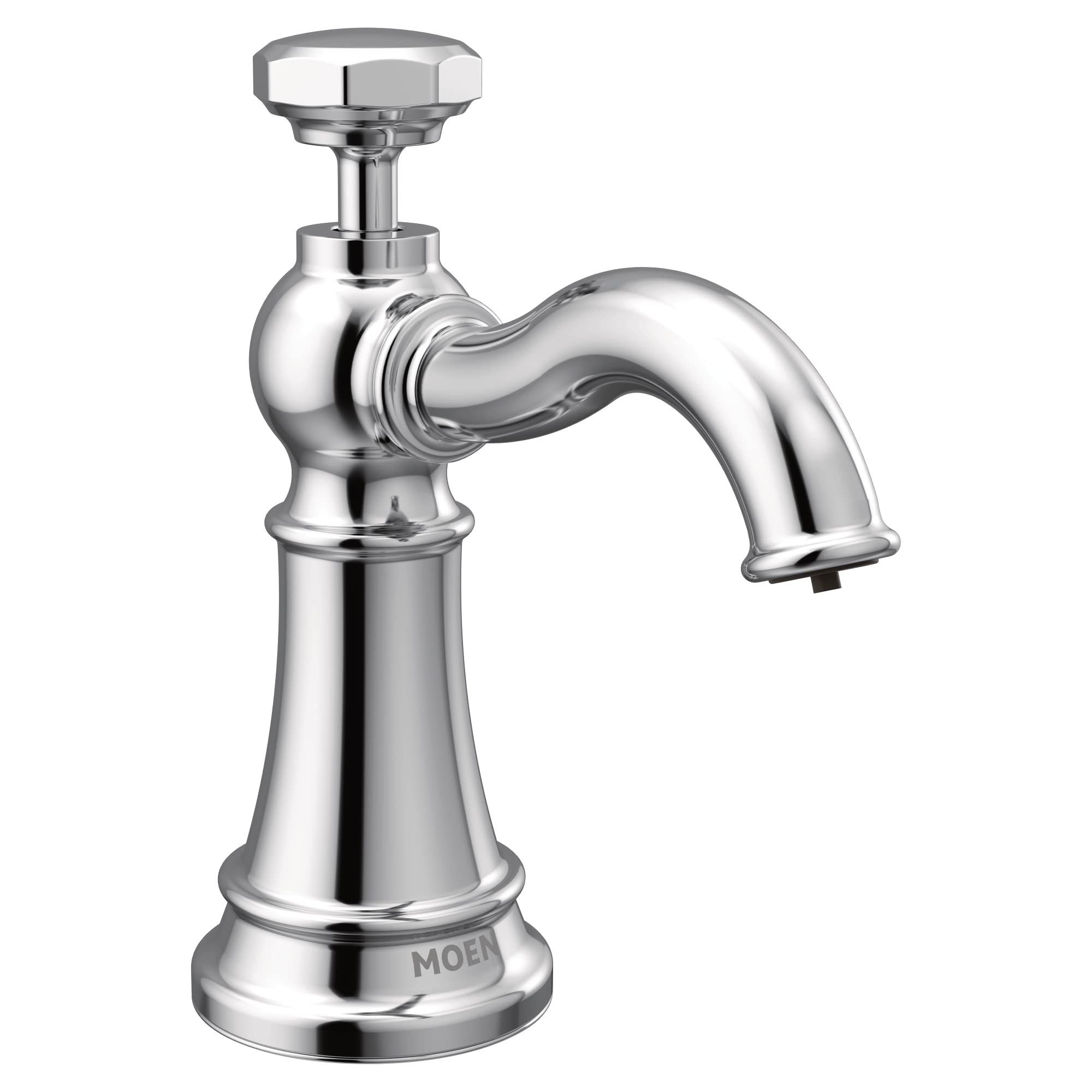 Chrome kitchen soap dispenser with curved spout and round pump handle mounted on cylindrical base.