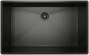Black stainless steel single bowl kitchen sink with drain hole, viewed from above.