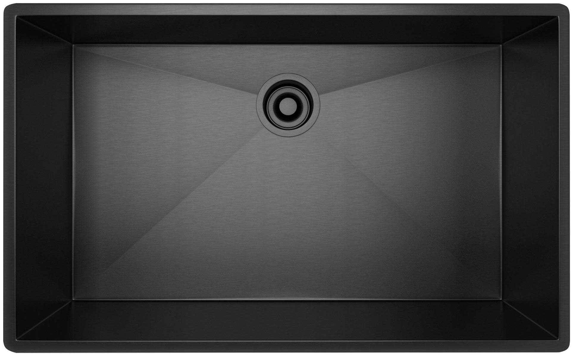 Black stainless steel single bowl kitchen sink with drain hole, viewed from above.