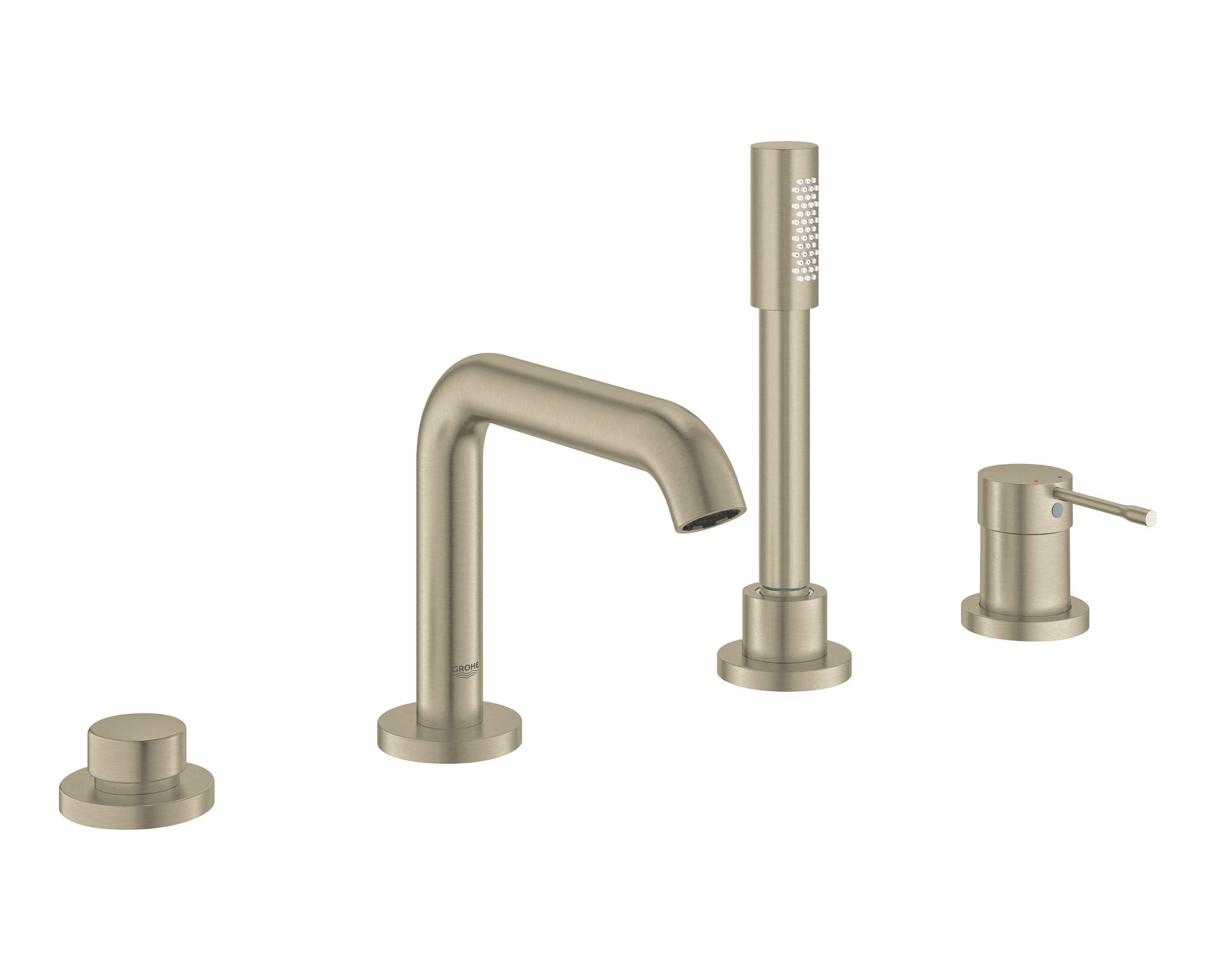 Brushed nickel four-piece deck-mount tub faucet with curved spout, hand shower, and two control handles.
