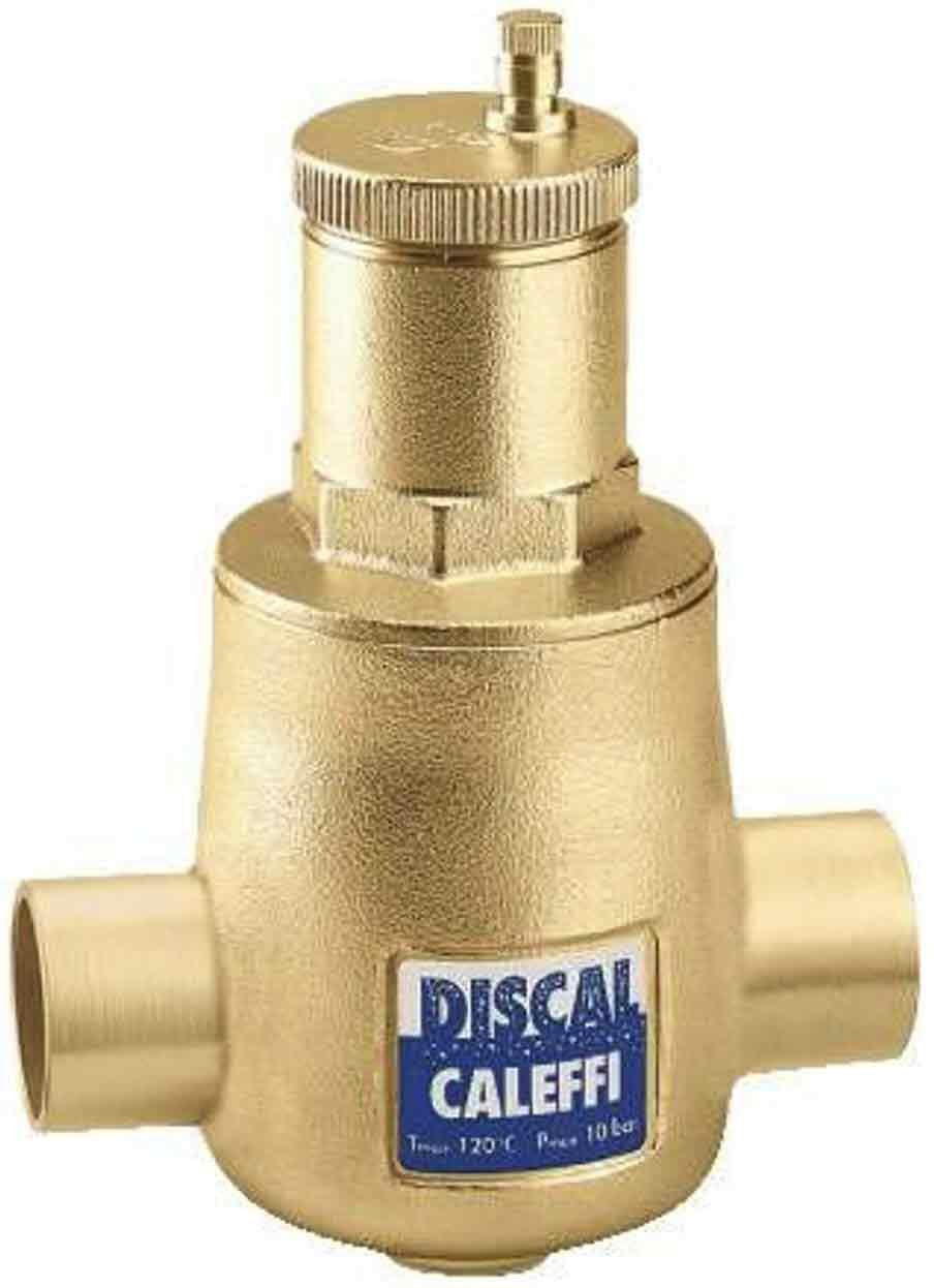 Brass cylindrical air separator with NPT ports, top vent valve, and DISCAL CALEFFI label.