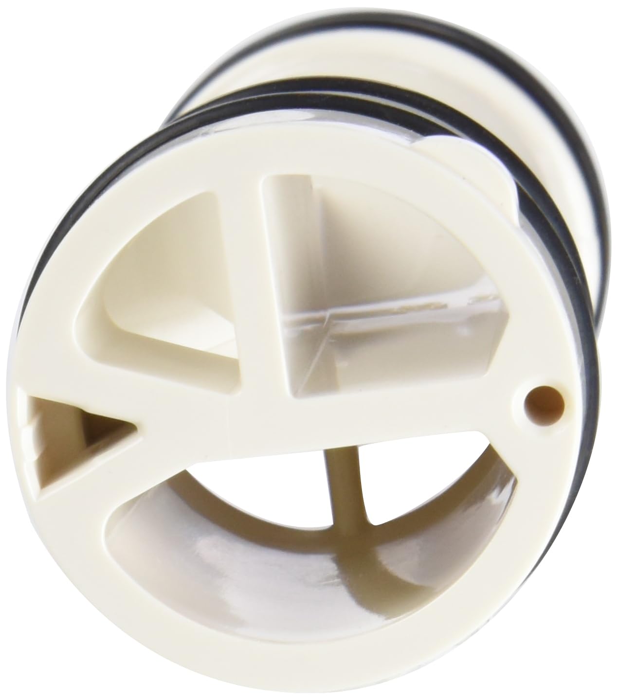 Grohe water flow control cartridge with cream-colored plastic body and black rubber seal ring.