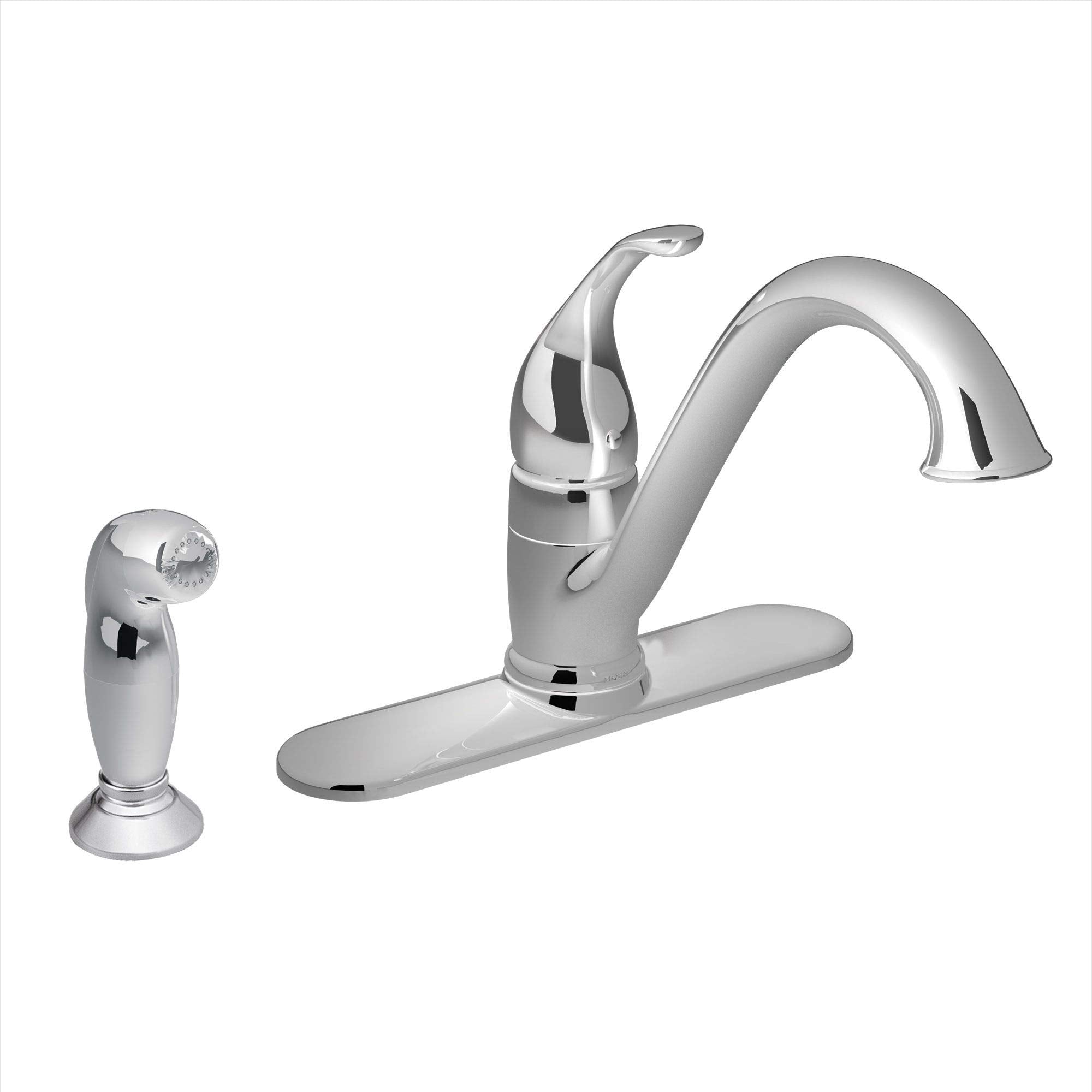 Chrome kitchen faucet with single handle, low arc spout, and matching side spray attachment.