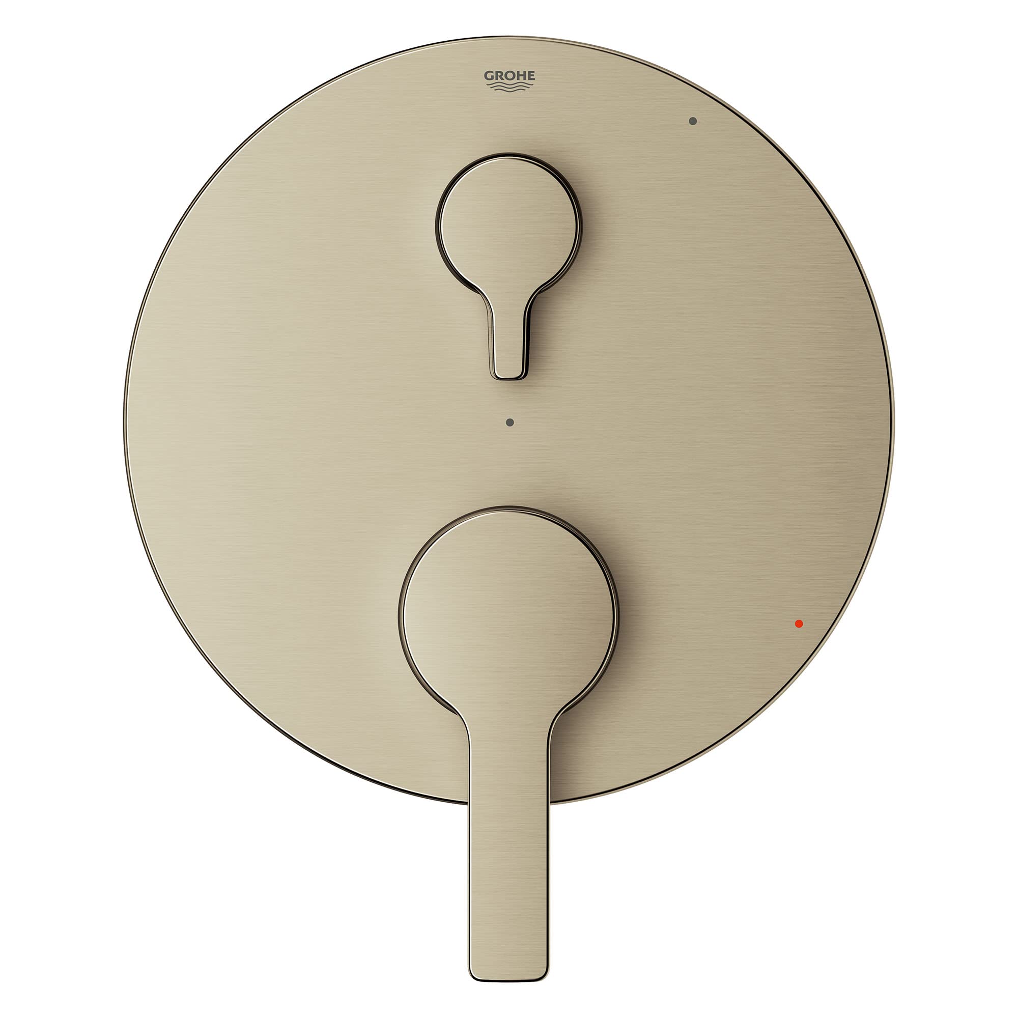 Grohe Lineare brushed nickel circular valve trim with two control handles and diverter function.