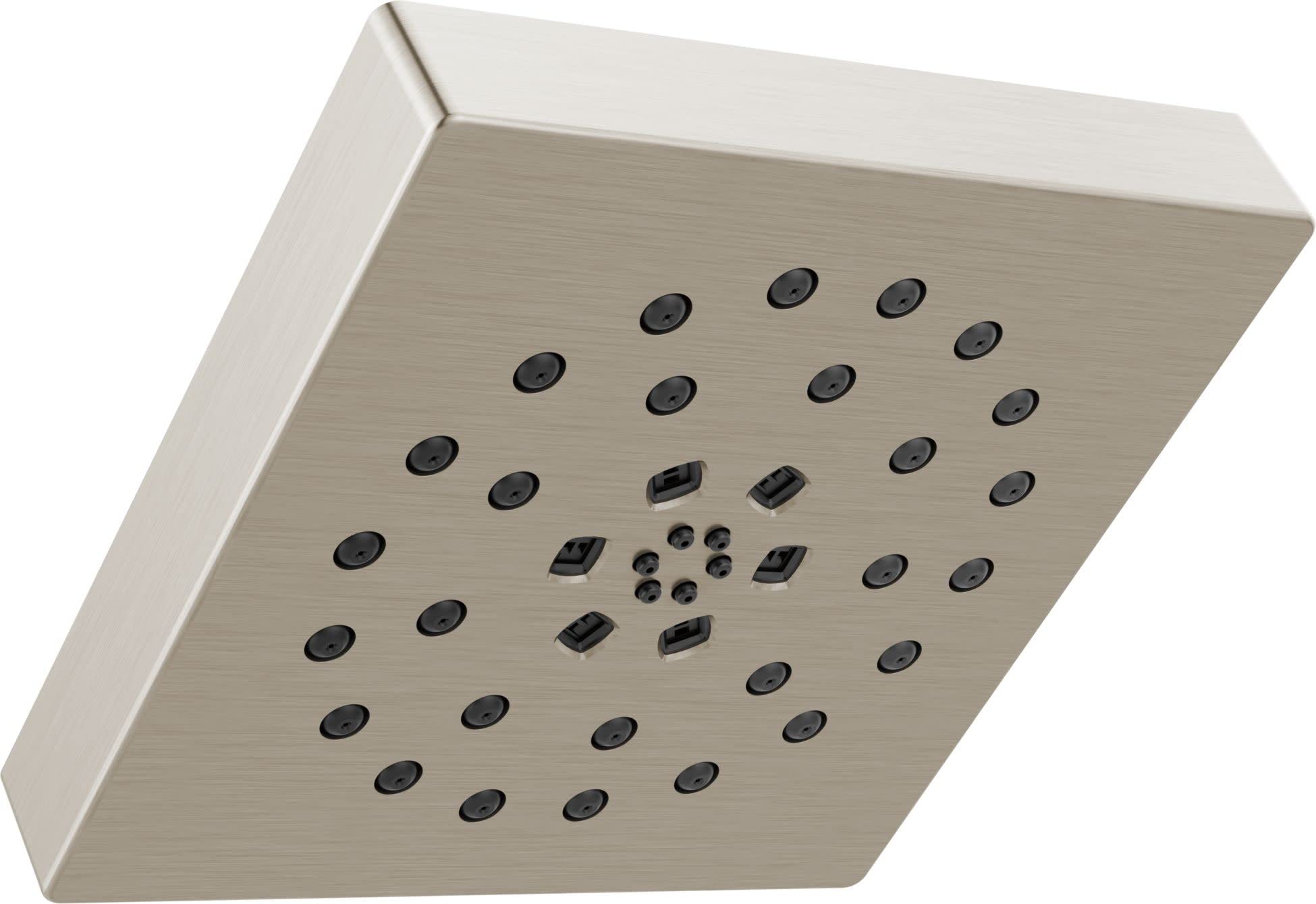 Square brushed nickel shower head with multiple circular and rectangular spray nozzles arranged across the face.