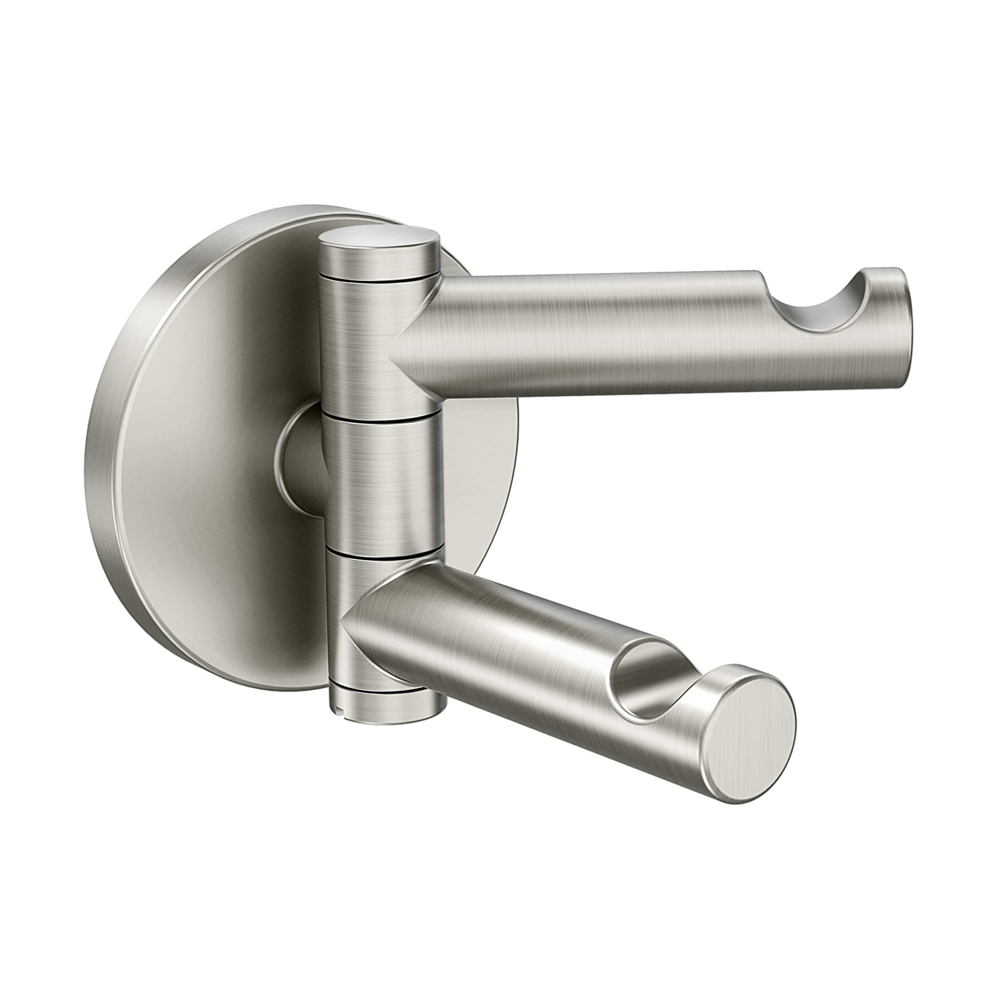 Brushed nickel double robe hook with two swiveling arms mounted on circular wall plate.