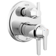Chrome shower valve trim with two lever handles, upper diverter and lower control with blue and red temperature indicators.