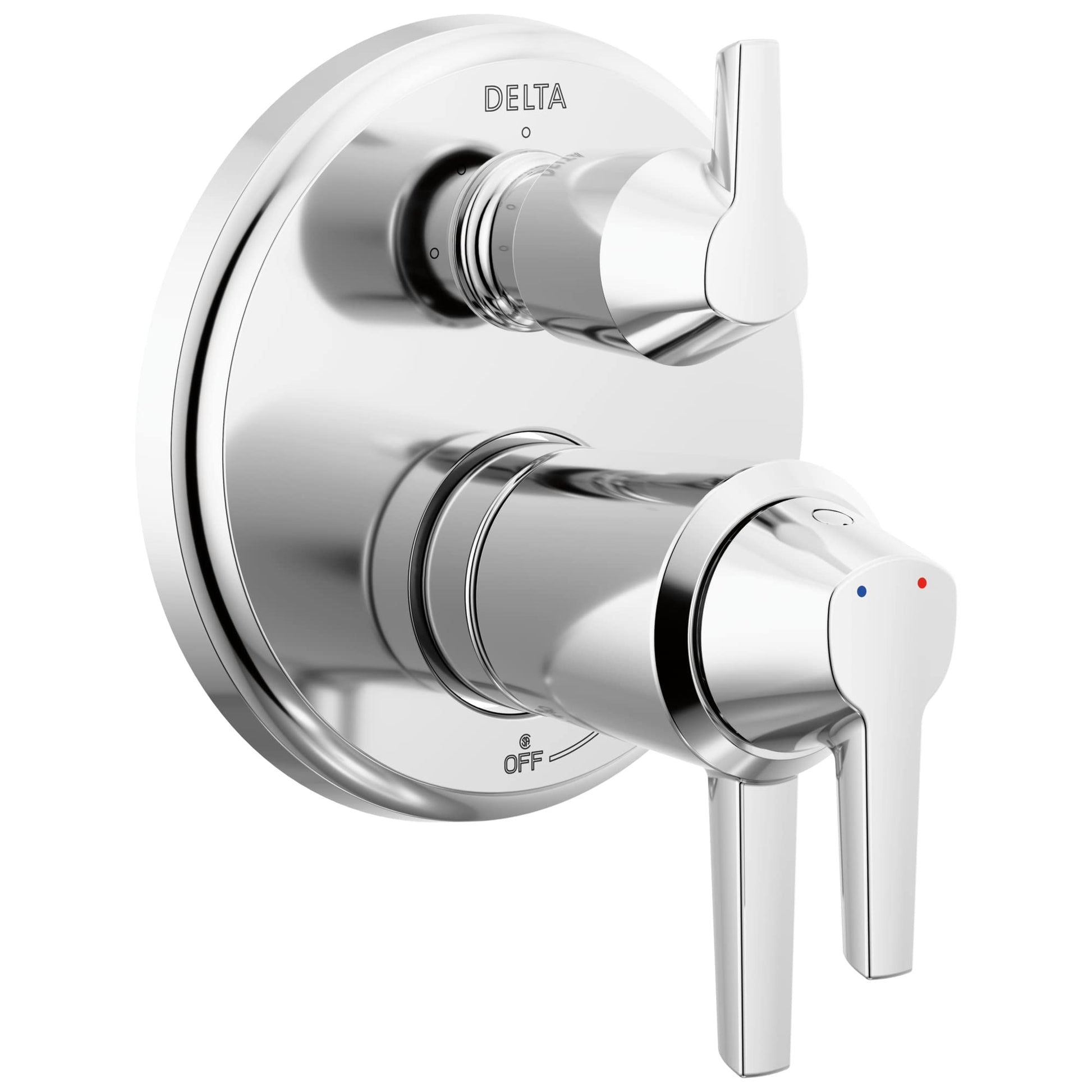 Chrome shower valve trim with two lever handles, upper diverter and lower control with blue and red temperature indicators.