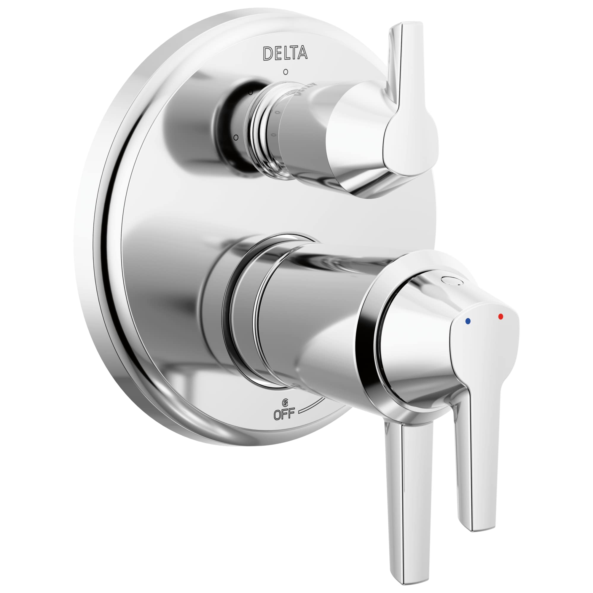 Chrome shower valve trim with two lever handles, upper diverter and lower control with blue and red temperature indicators.
