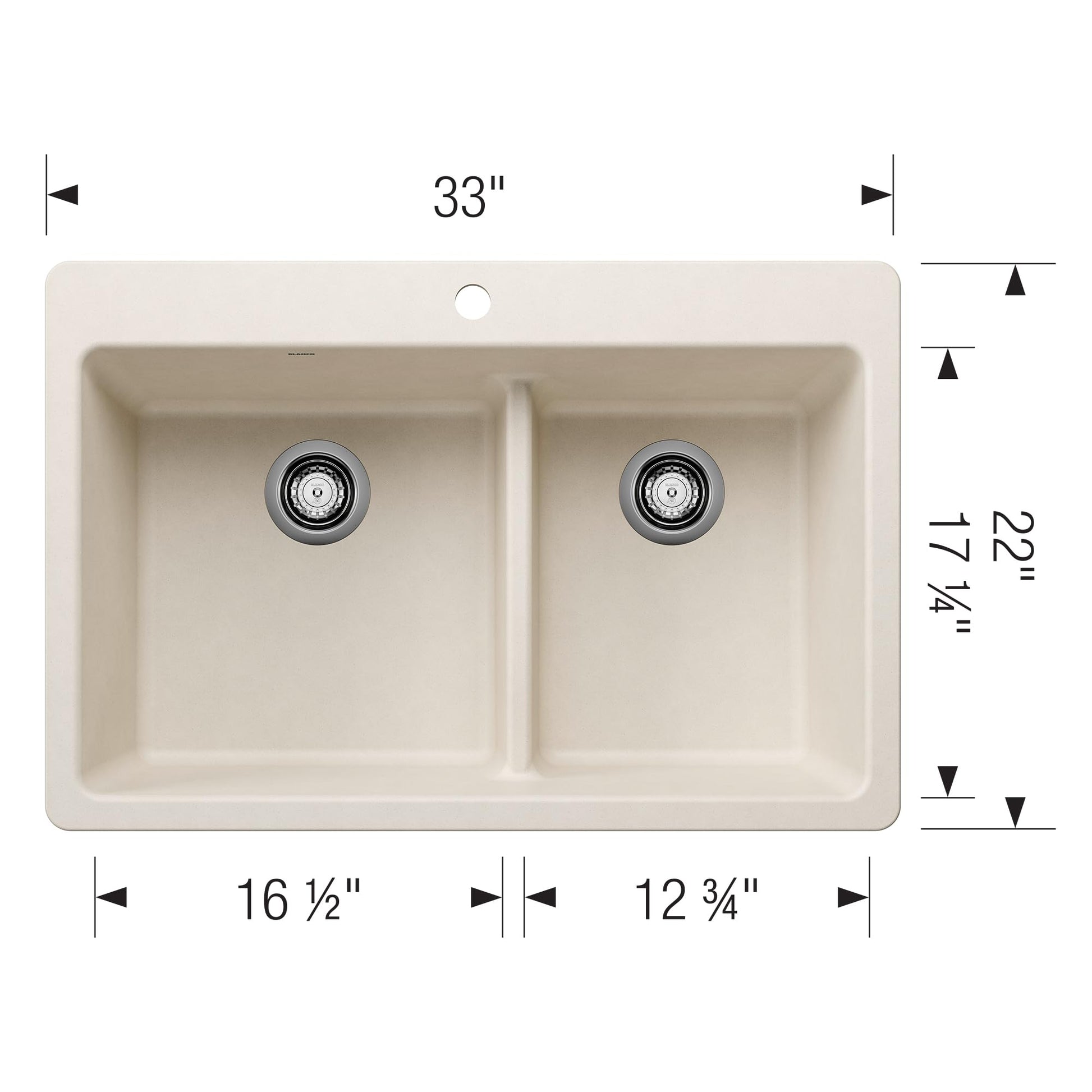 Soft white dual-mount kitchen sink with two unequal bowls separated by low divide and chrome drains, 33" wide.