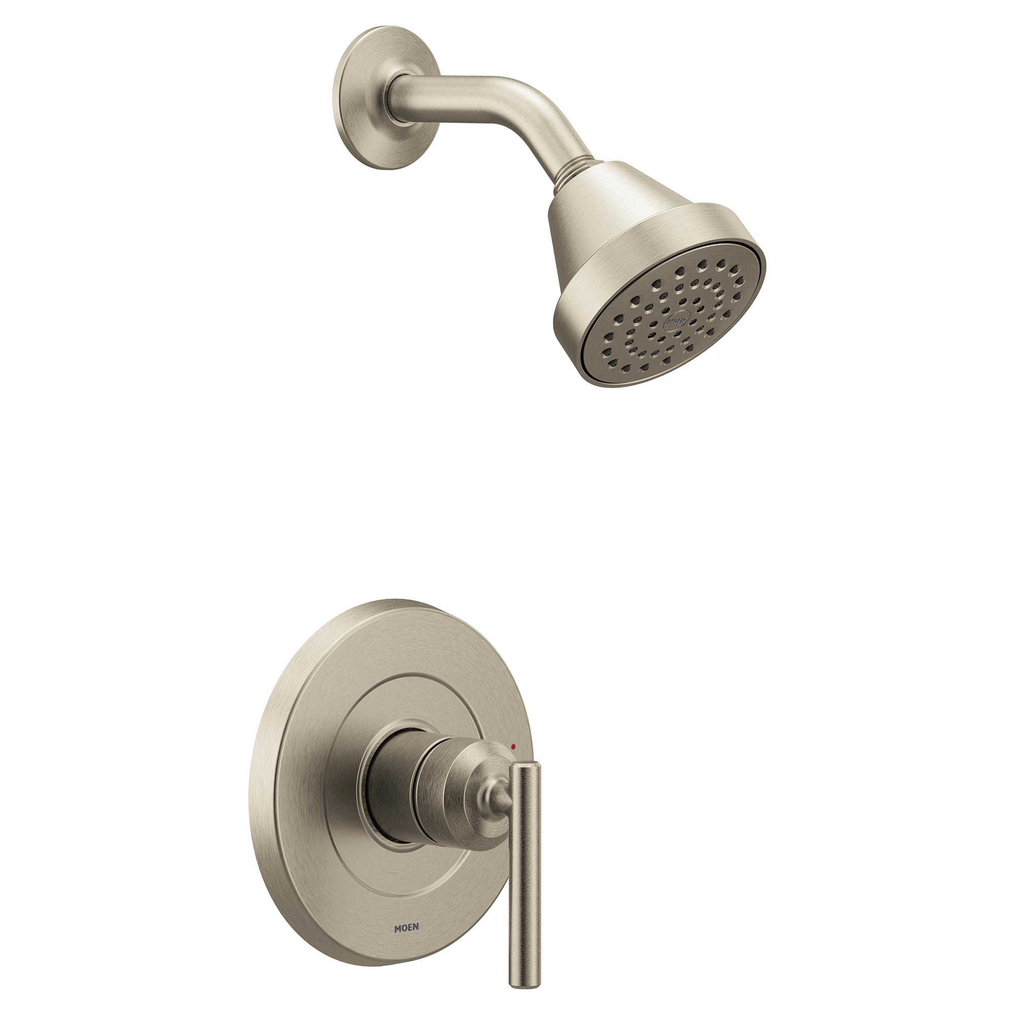 Brushed nickel shower trim kit with single handle lever control and round showerhead with perforated spray pattern.