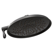 Matte black oval showerhead with multiple spray holes and a curved handle on the left side.