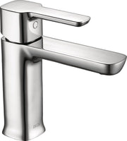 Chrome single-handle bathroom faucet with angular spout and cylindrical body against white background.