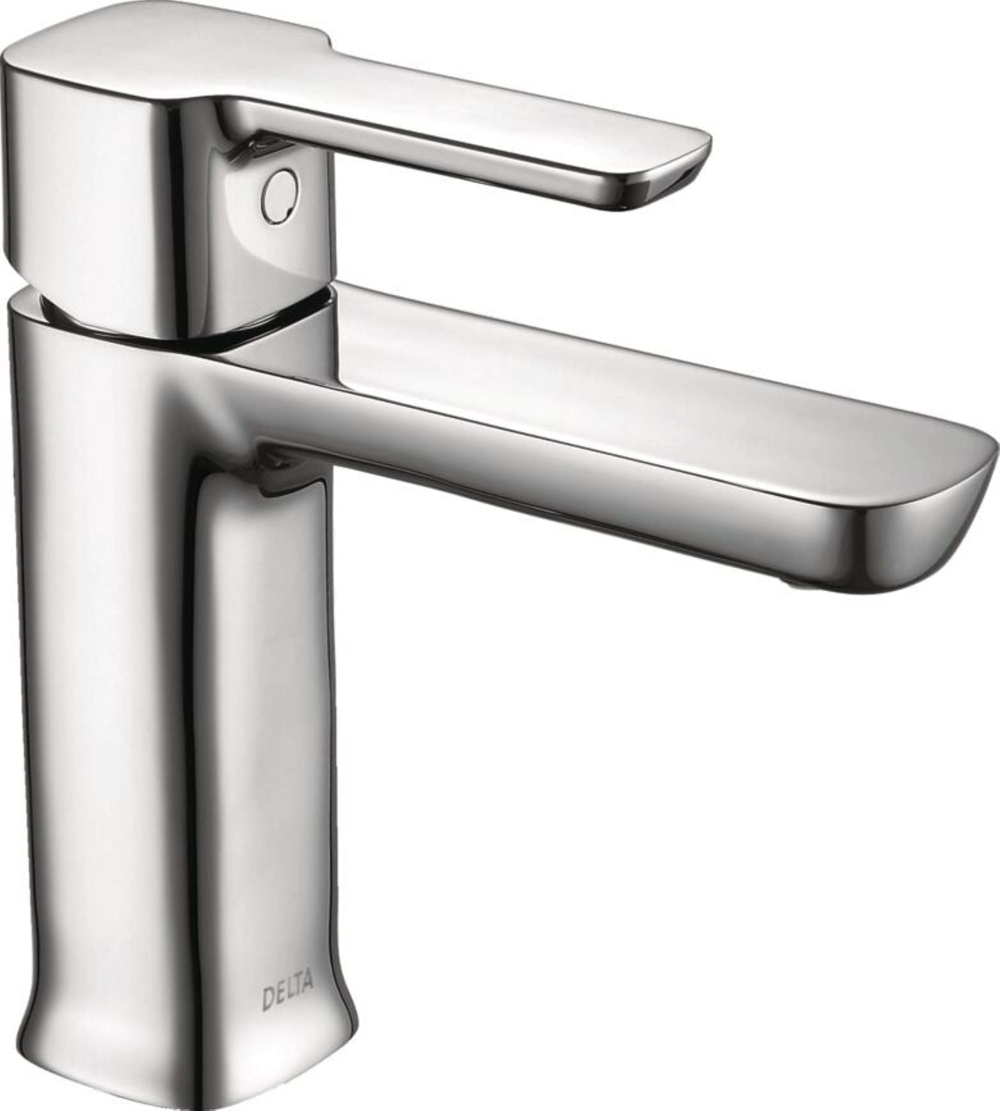 Chrome single-handle bathroom faucet with angular spout and cylindrical body against white background.