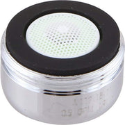 Chrome faucet aerator with white perforated disc and black rubber ring.