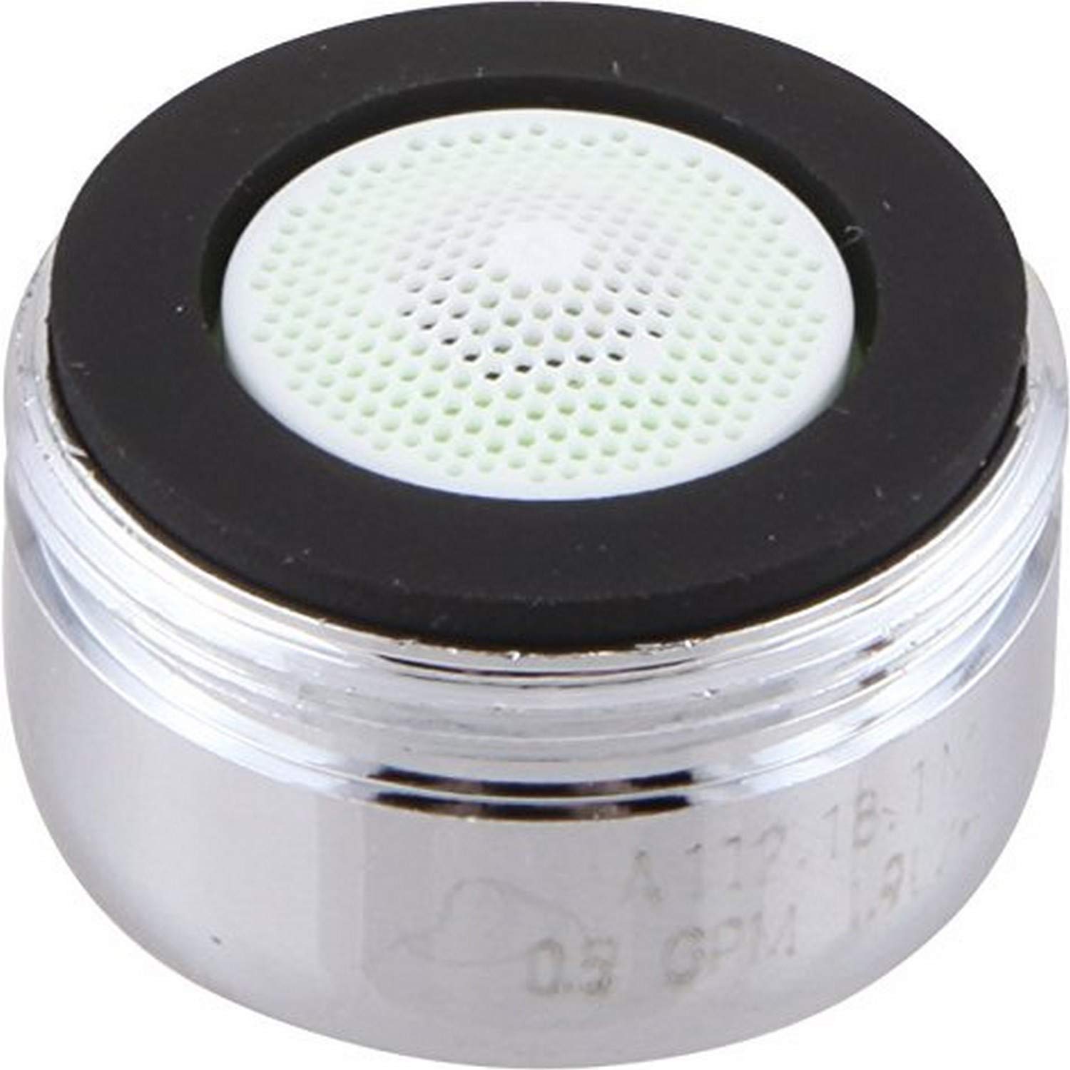Chrome faucet aerator with white perforated disc and black rubber ring.