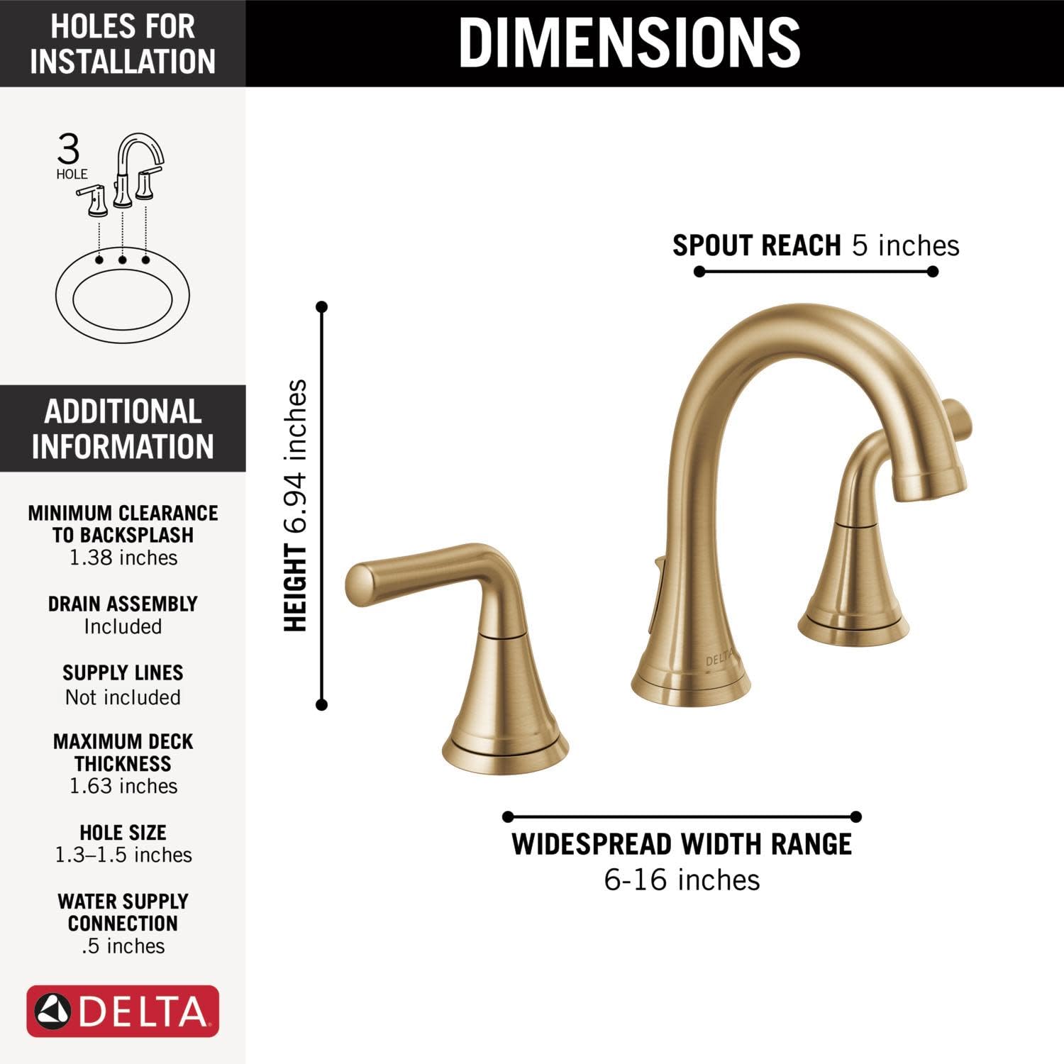 Champagne bronze two-handle widespread bathroom faucet with curved spout, 6.94 inches tall, 5-inch spout reach.
