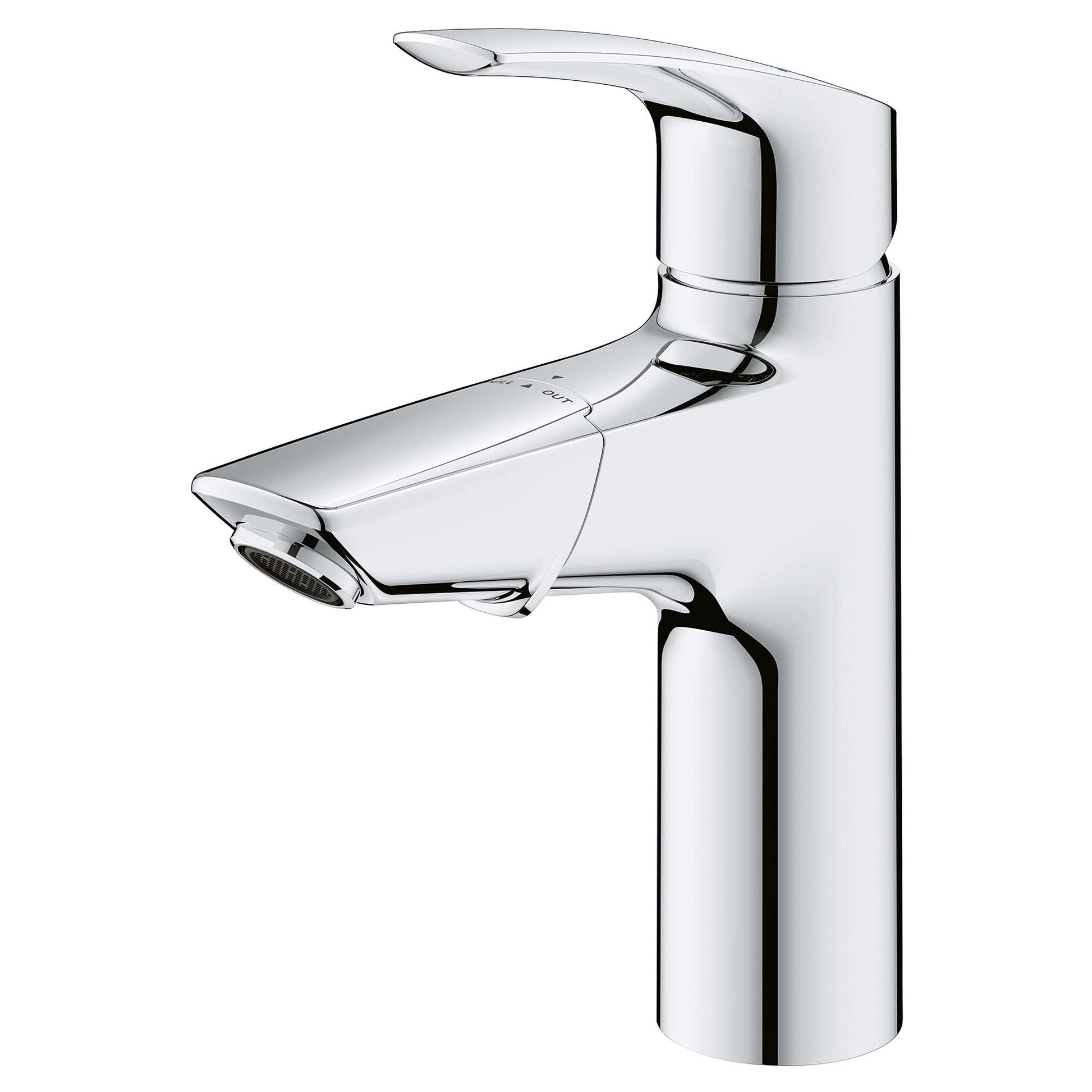 Chrome single-handle bathroom faucet with pull-out spout and curved lever handle.