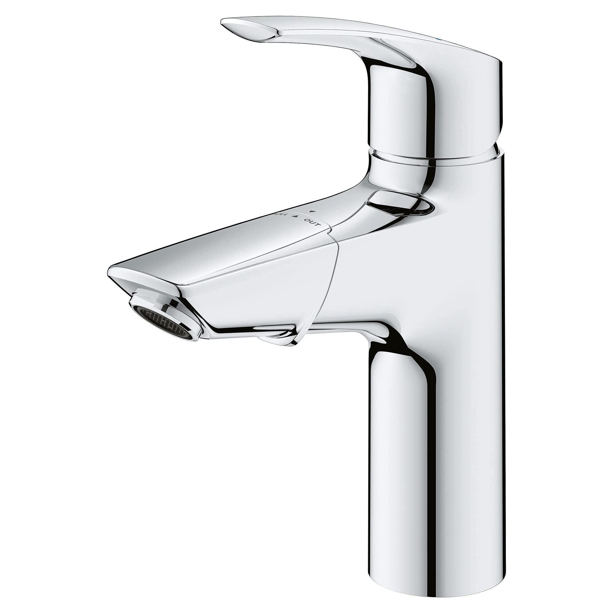 Chrome single-handle bathroom faucet with pull-out spout and curved lever handle.