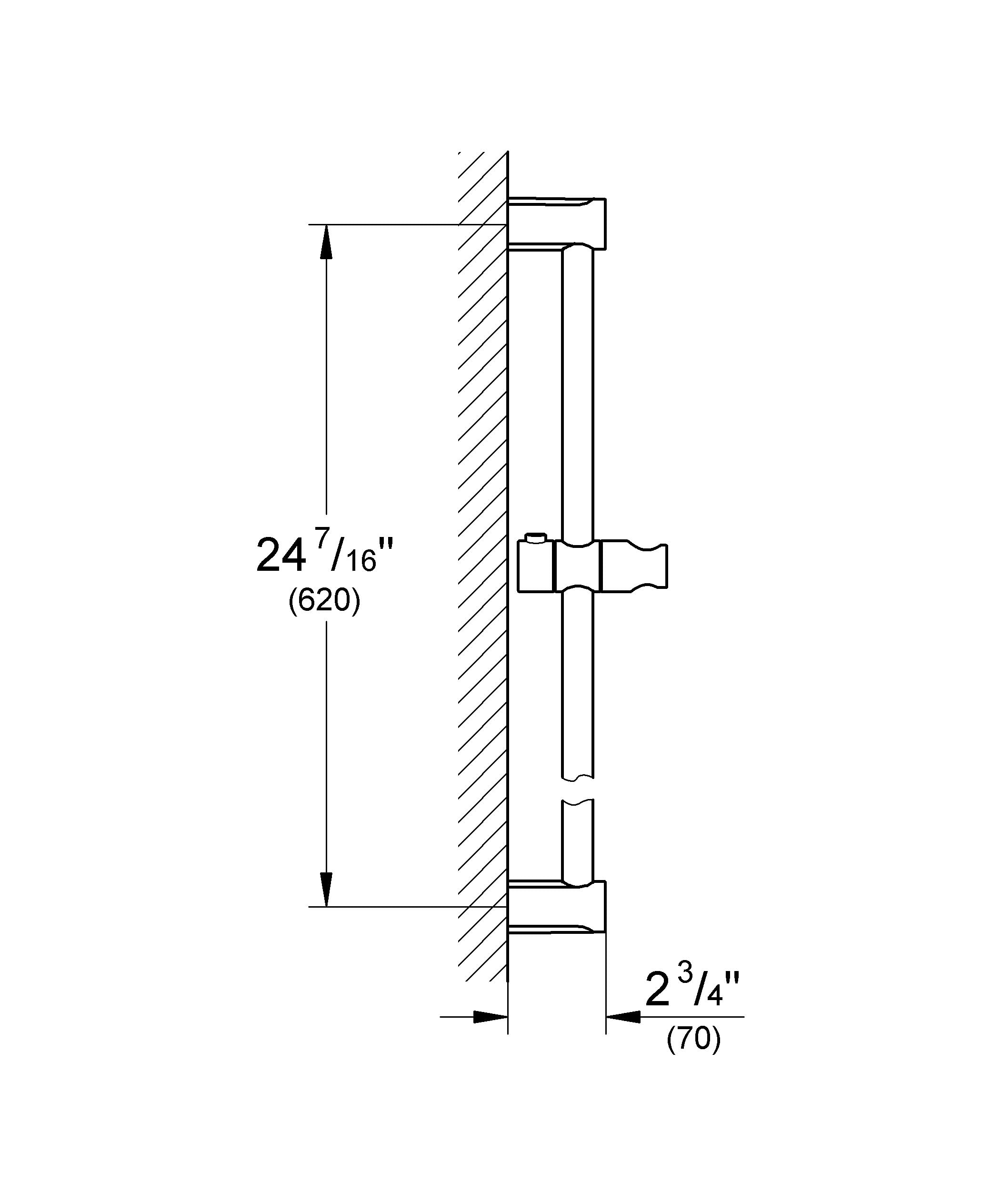 Technical line drawing showing wall-mounted shower system with vertical pipe, control valve, and handheld shower bracket with