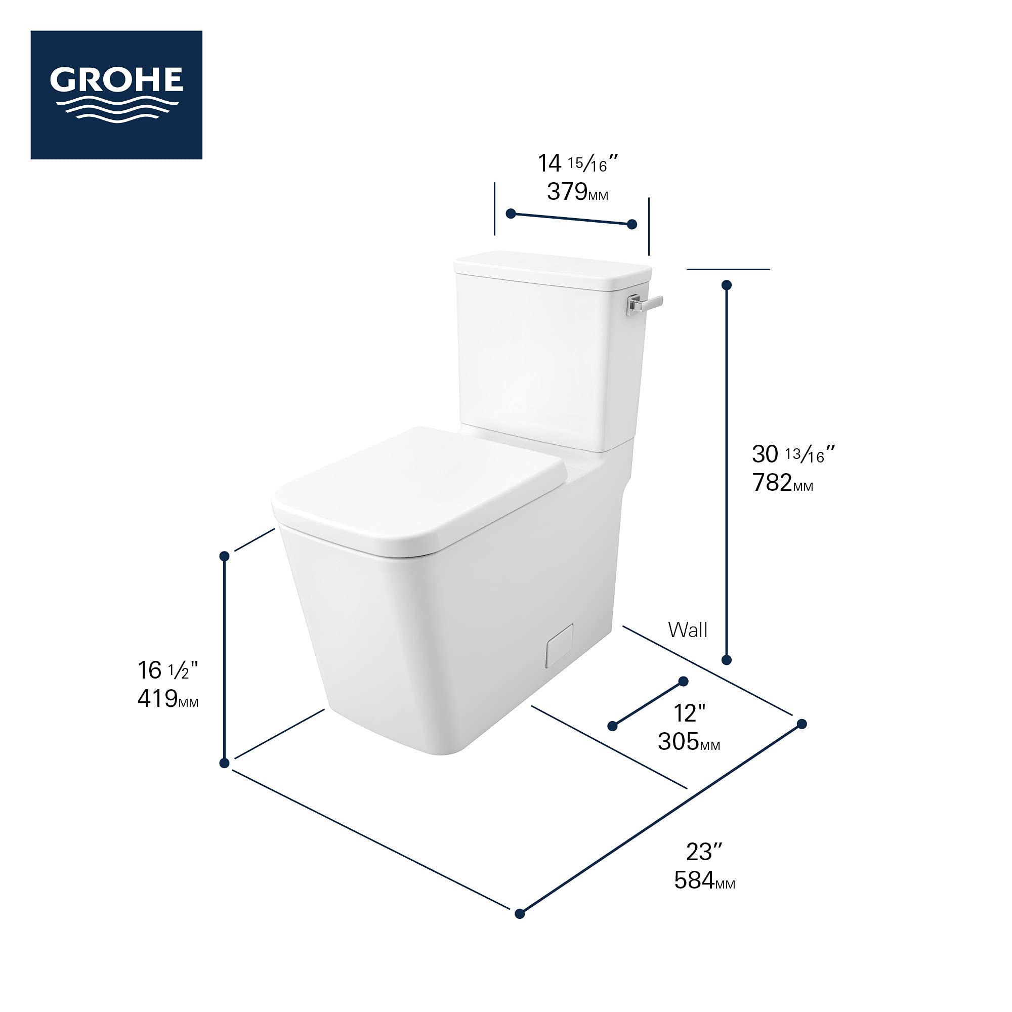 White two-piece elongated toilet with seat and matching tank, shown with dimension measurements.