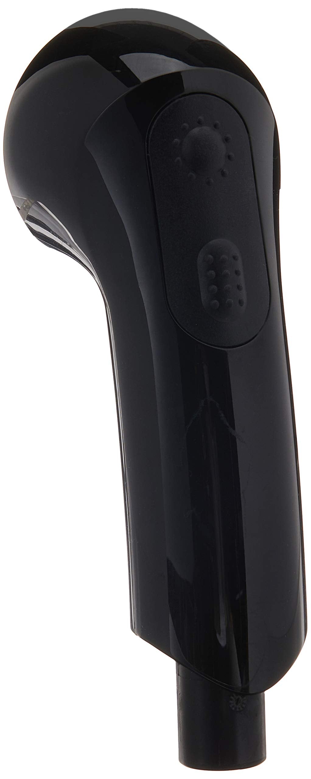 Black pull-out spray head with rounded nozzle opening and textured trigger grip on handle.