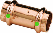 Copper coupling fitting with two press connection ends and green indicator dots on sides.