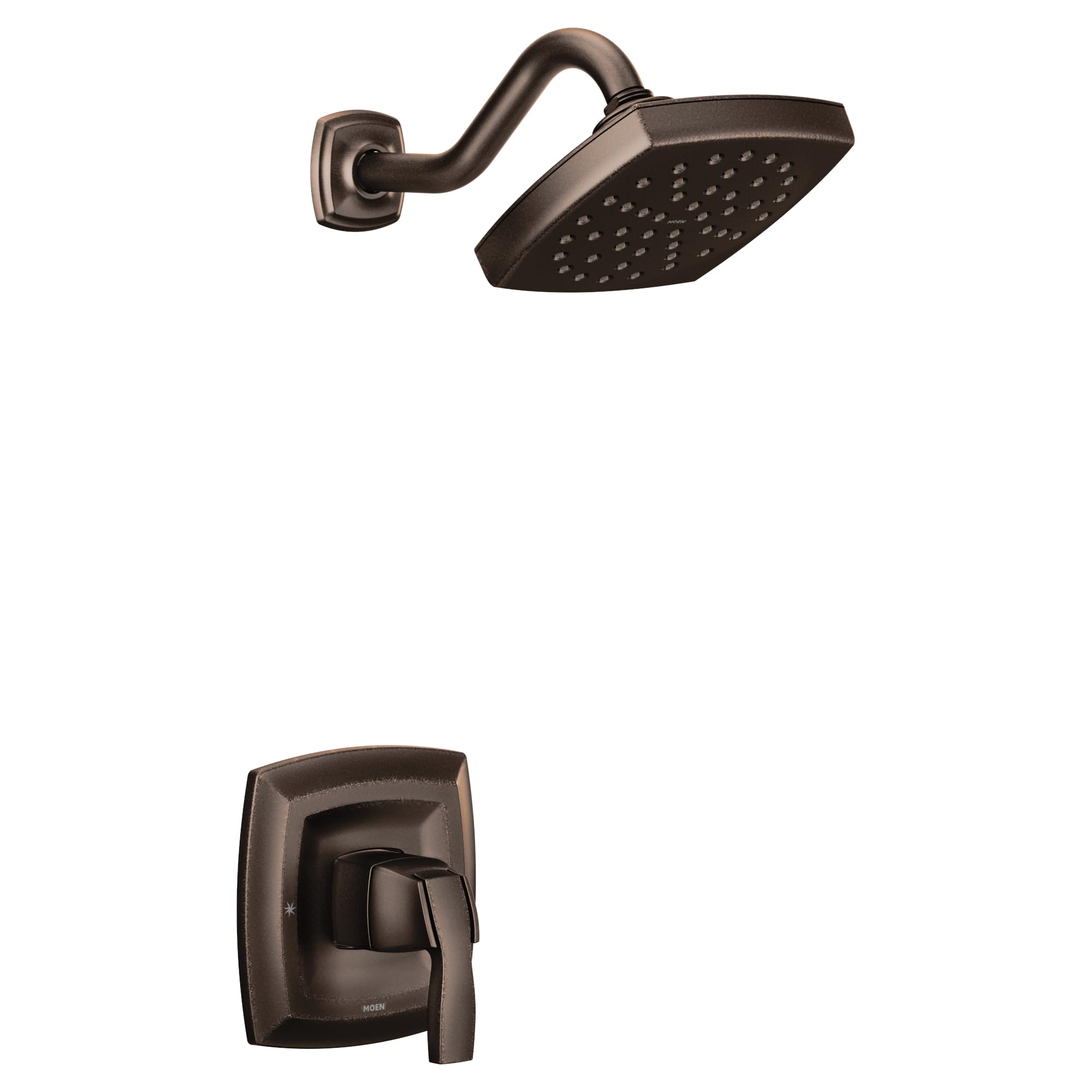 Oil-rubbed bronze shower trim kit with single handle, curved arm, and square showerhead with perforations.