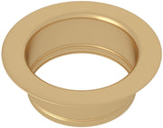 Satin English gold garbage disposal flange with recessed center opening and grooved detailing.