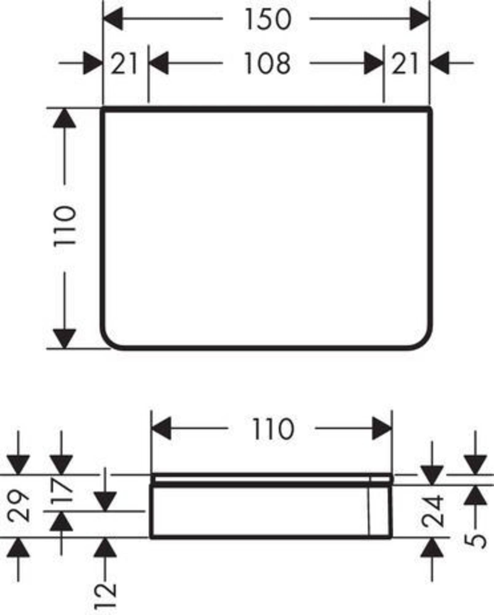 Chrome rectangular shelf with rounded corners, 150mm width, shown in technical dimension drawing with front and side views.