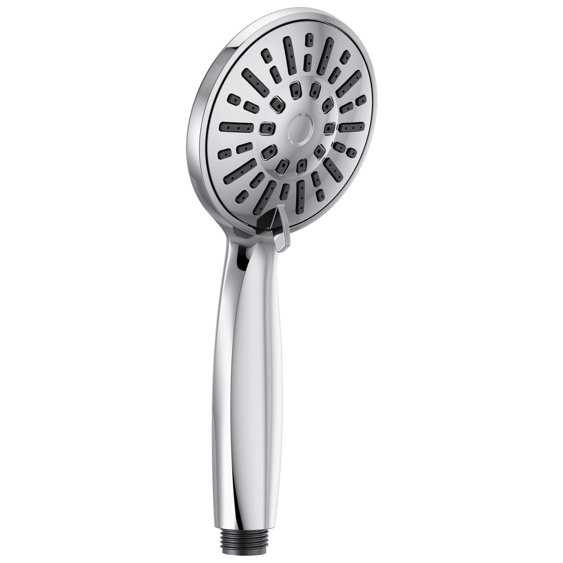 Chrome hand shower with circular face featuring multiple spray holes and a tapered handle with threaded connector.