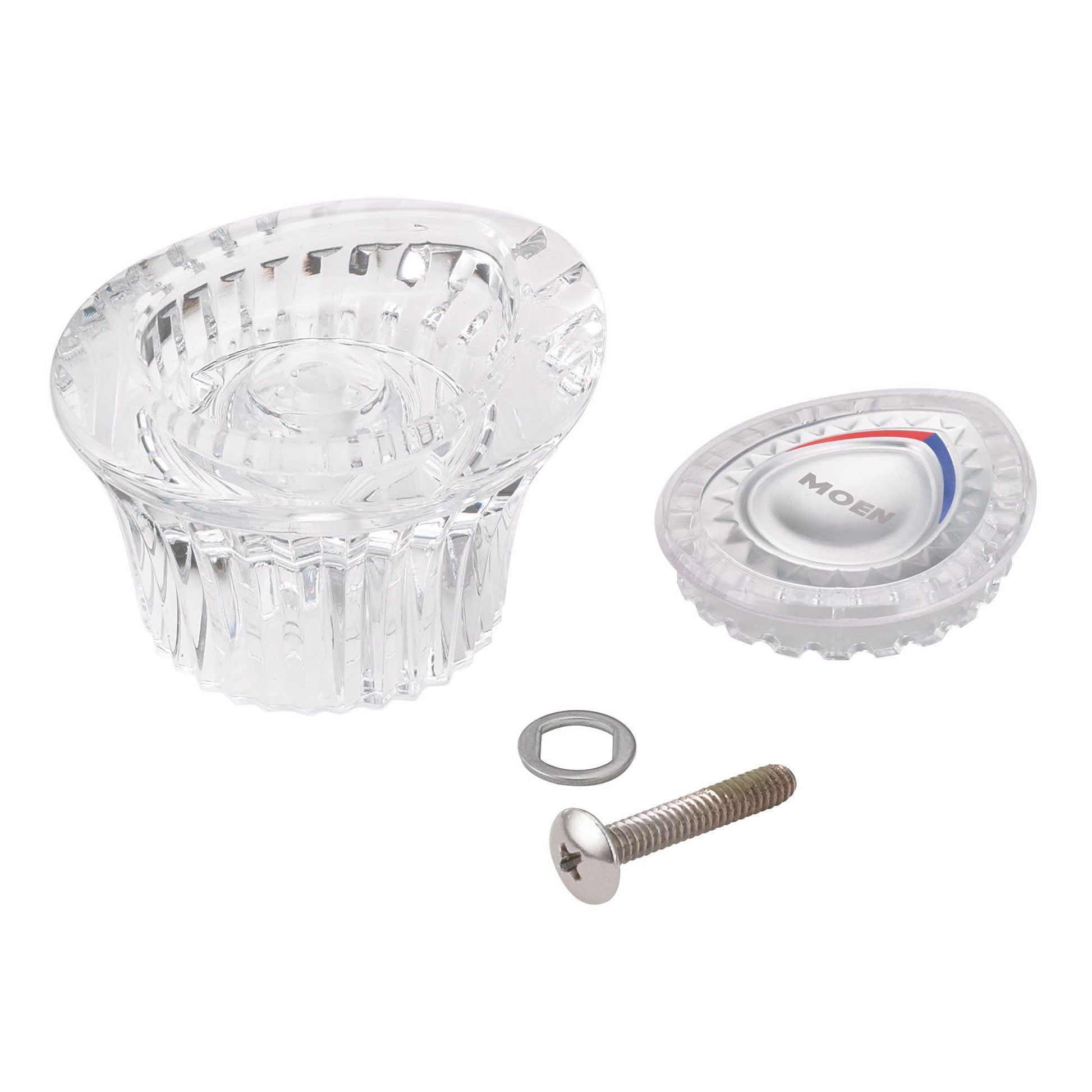 Clear plastic faucet handle with escutcheon cap, screw, and washer included in kit.