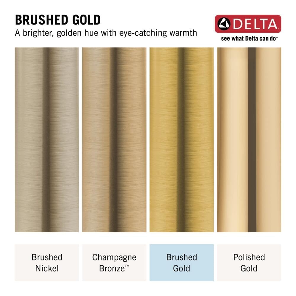 Four cylindrical metal finish samples showing brushed gold, brushed nickel, champagne bronze, and polished gold finishes.