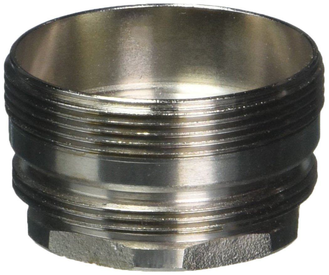 Chrome-finished bonnet nut with grooved band and flat grip surface on cylindrical base.