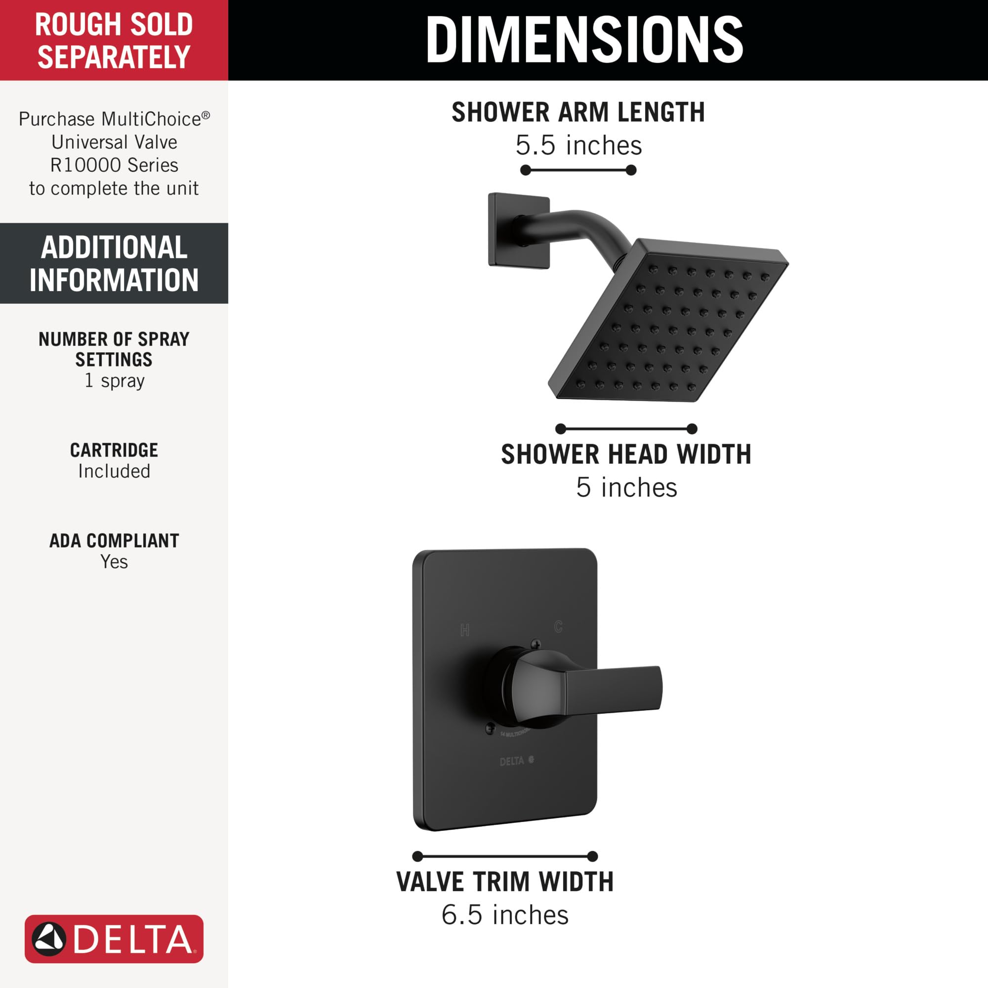 Matte black shower trim with square showerhead, curved arm, and rectangular valve plate with lever handle.