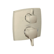 Brushed nickel square shower trim with two cube-shaped handles and diverter valve, marked with hot/cold indicators.