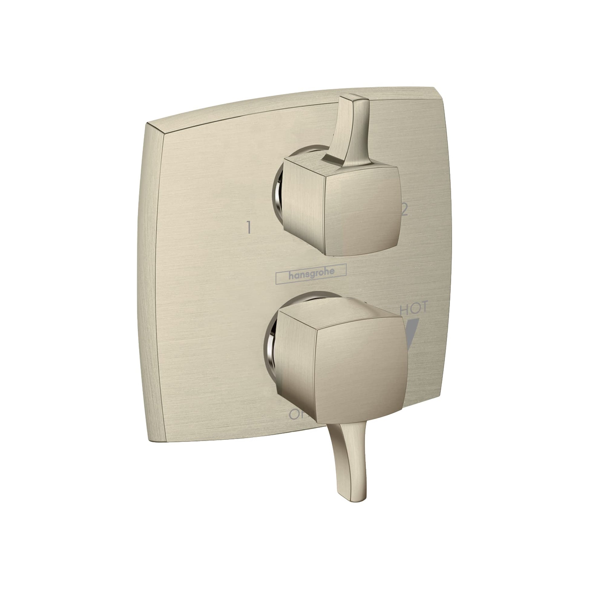 Brushed nickel square shower trim with two cube-shaped handles and diverter valve, marked with hot/cold indicators.