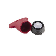 Chrome faucet aerator with red wrench removal tool and mesh screen filter component.