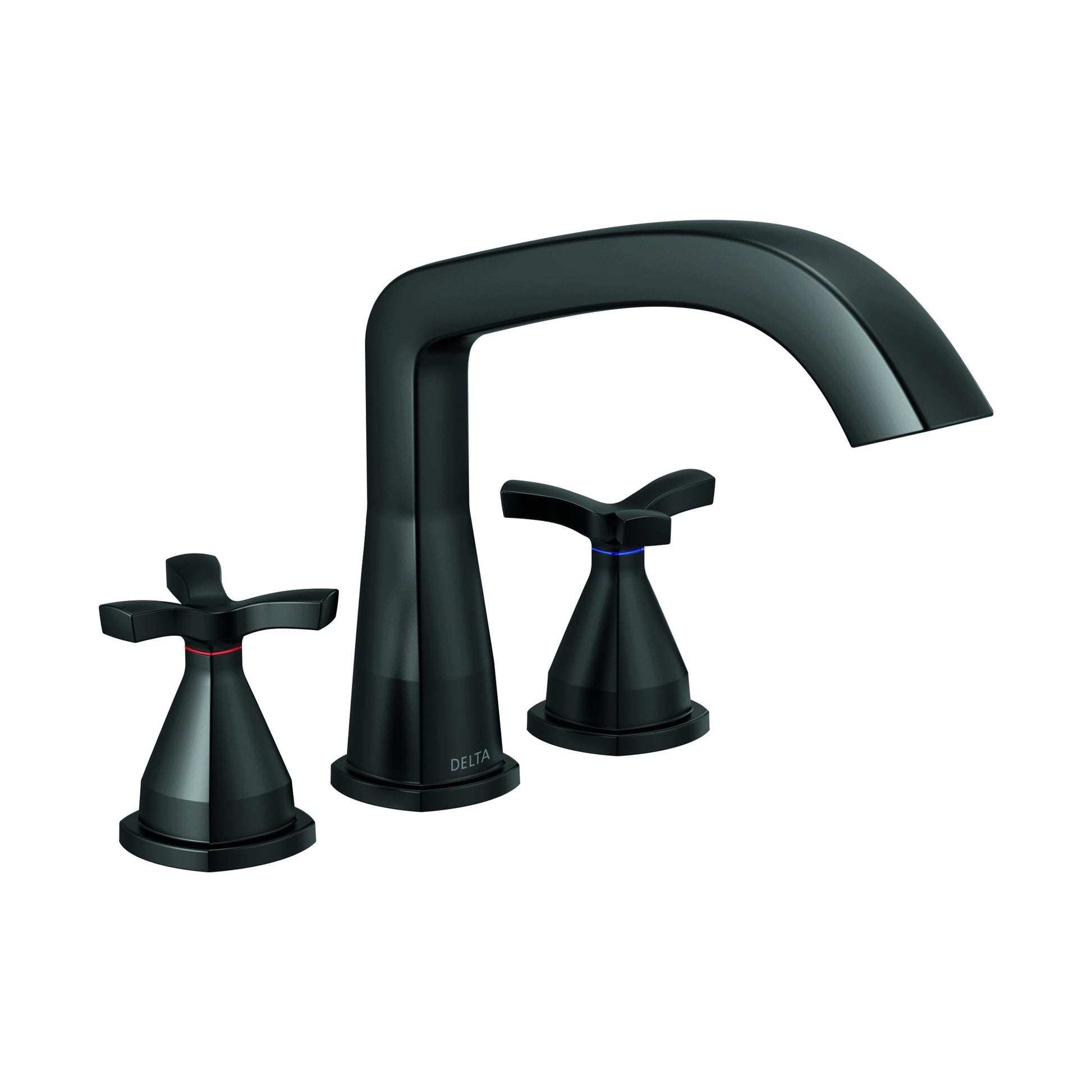 Black three-piece roman tub trim with curved spout and cross handles on each side.
