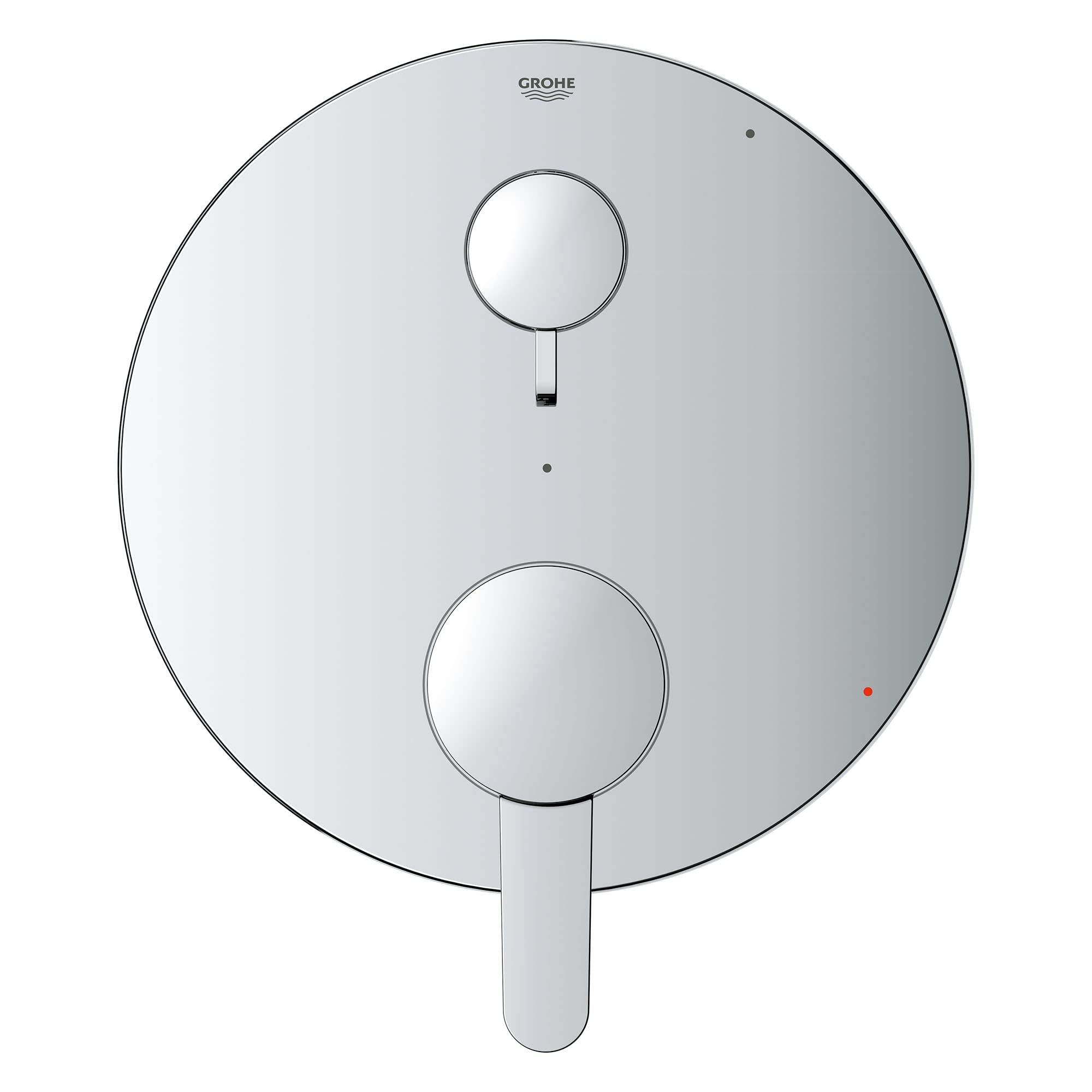 Chrome pressure balance valve trim with two circular handles and diverter control on round escutcheon plate.