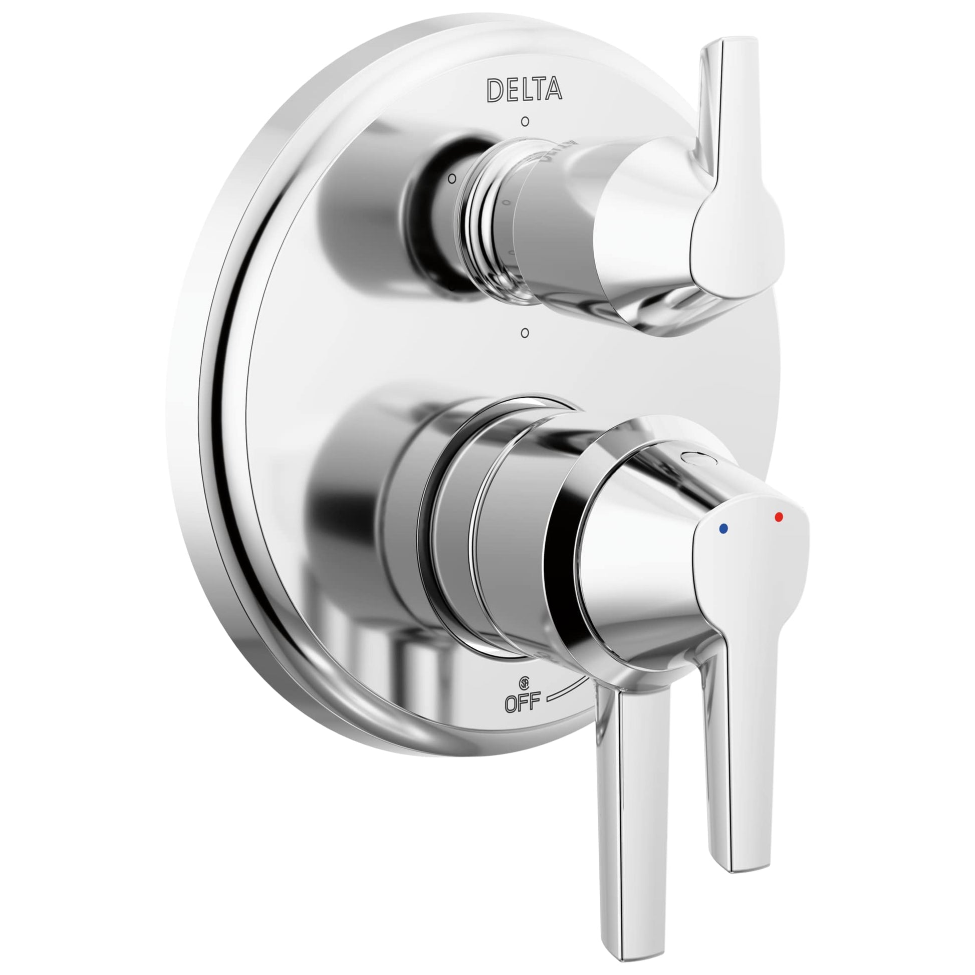 Delta Galeon chrome diverter trim with two lever handles, temperature indicator dots, and off setting on circular escutcheon.