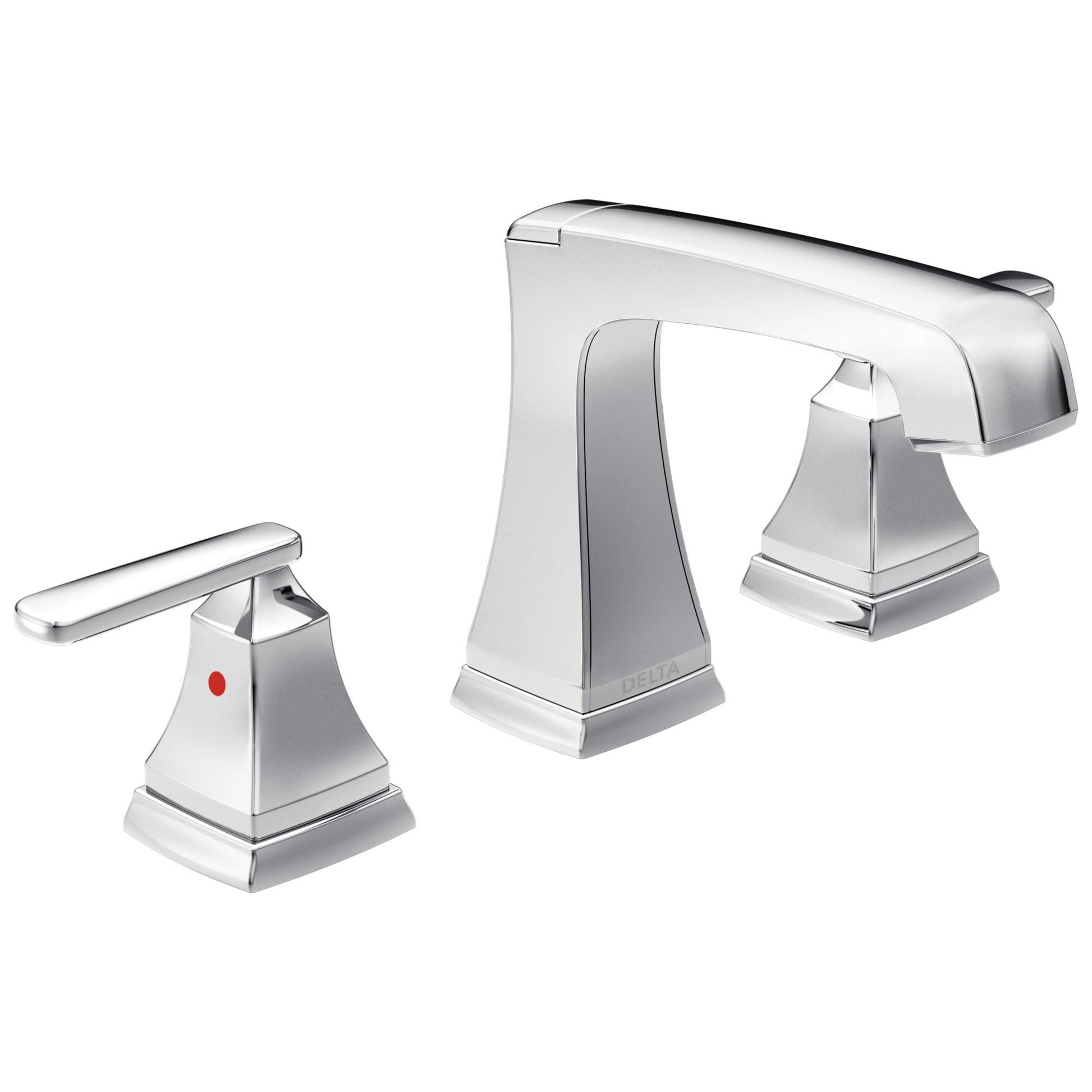 Chrome two-handle widespread bathroom faucet with curved spout and square base handles.