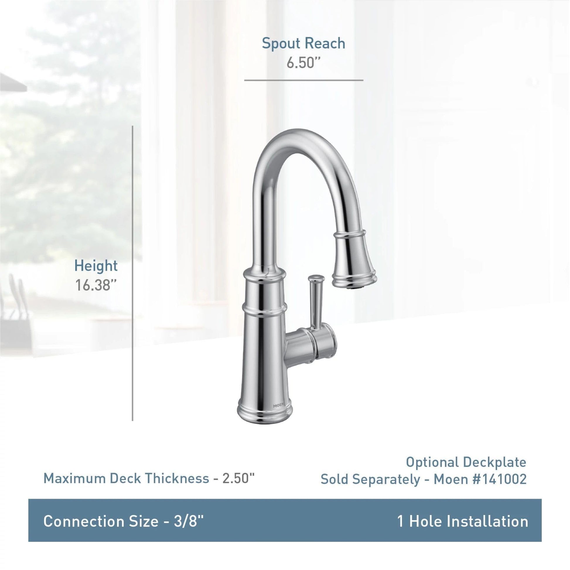 Moen Belfield matte black pulldown bar faucet with single handle and curved spout.